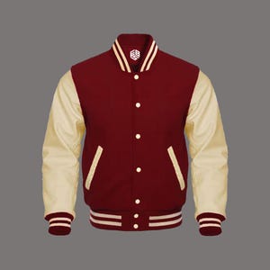 Varsity Jacket Hand-tailored College Lettermen Retro Bomber Maroon Wool & Cream Leather sleeves ~ Gift for Him ~ Gift for Her