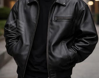 Handmade Vintage Black Leather Bomber Jacket for Mens 90s Retro