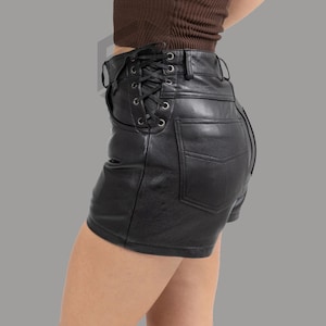 Women&#39;s Black Real Lamb Leather Shorts Ladies Side Laces Lamb Soft Leather Hot Pants, Edgy Streetwear Style