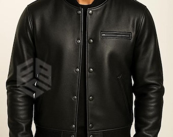 Men’s Black Leather Varsity Jacket – Bomber Classic College Style Coat, Custom Handmade