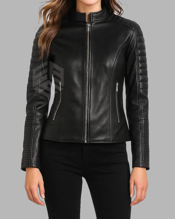 Women's Black Lambskin Vintage Leather Jacket : Biker Style Jacket Gold Hardware, Handmade