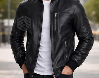 Handmade Black Leather Bomber Jacket: Men's Slim Fit Genuine Cowhide Jacket