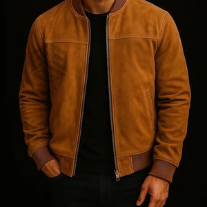 May include: A brown suede bomber jacket with a zip-up front, ribbed cuffs, and a ribbed hem. The jacket has a brown collar and two front pockets. The model is wearing a black shirt and black jeans.