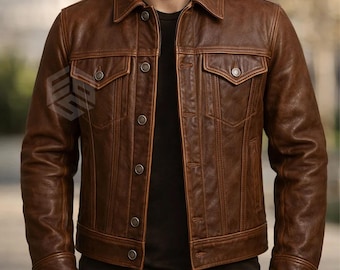 Men's Brown Lambskin Leather Trucker Jacket: Western Style
