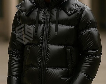 Handmade Black Puffer Jacket – Luxury Hooded Winter Coat for Men