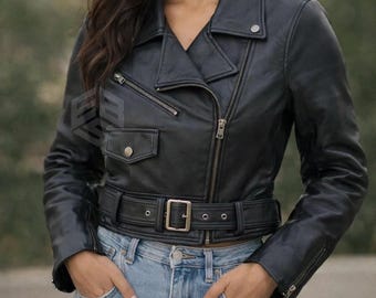 Women's Cropped Black Lambskin Leather Motorcycle Jacket: Brass Hardware, Handmade