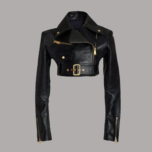 Black Cropped Leather Motorcycle Jacket For Women With Long Sleeves, Party Outfit Short Jacket Trending Outerwear, Gift For Her