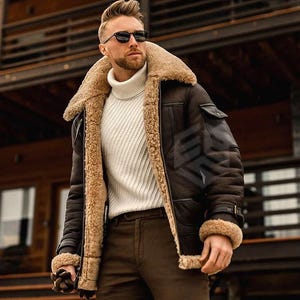 Braune Lammfell-Lederjacke für Herren - Vintage Aviator Bomber Coat, Winterjacke aus echtem Schaffell