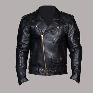 Men&#39;s Black Classic Belted Leather Motorcycle Biker Jacket Real Leather Vintage Moto Rocker Style Jacket - Gift For Him