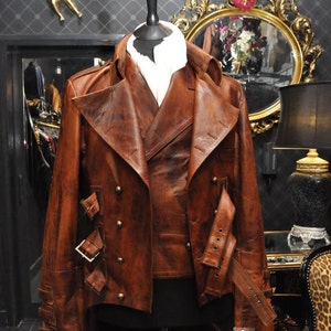 Mens Steampunk Brown Leather Dieselpunk Military Edwardian Mourning Jacket Tailcoat with Waistcoat
