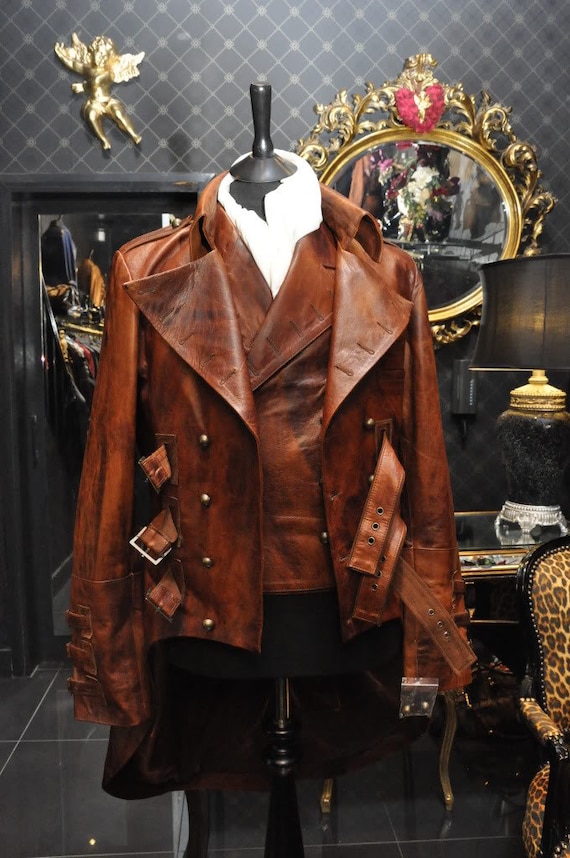 Mens Steampunk Brown Leather Dieselpunk Military Edwardian Mourning Jacket Tailcoat With Waistcoat Etsy Canada