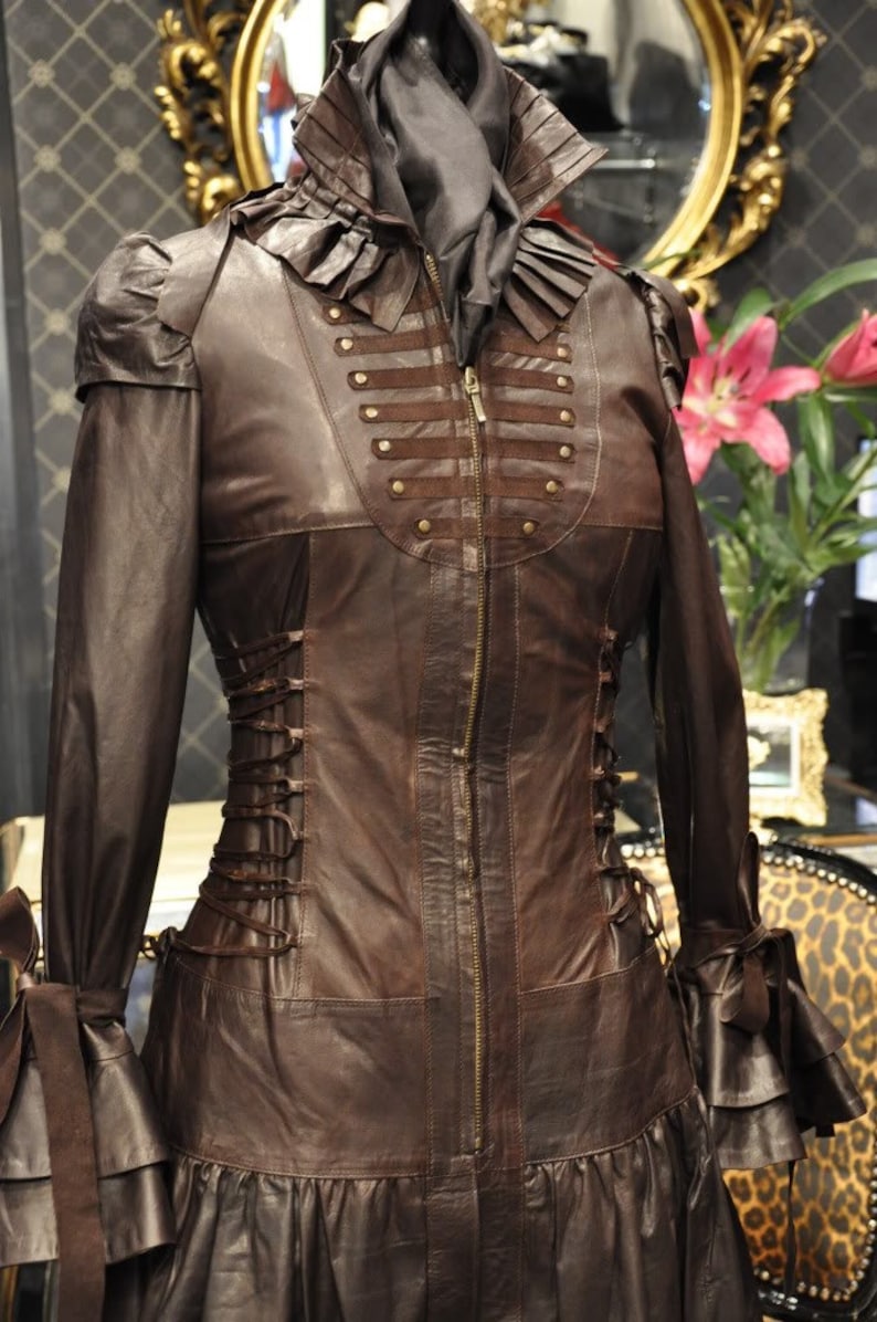 Ladies Brown Leather Steampunk Victorian Corset Couture