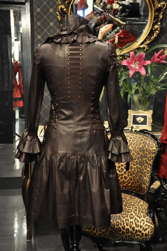 Ladies Brown Leather Steampunk Victorian Corset Couture Dress Coat Costume  -  Canada