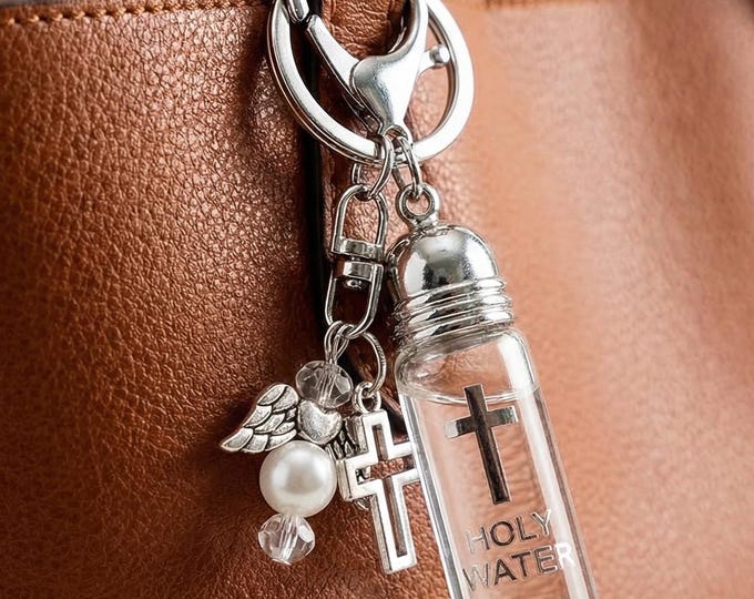 Mini Holy Water Bottle Keychain | Glass Vial Cross Charm | Spiritual Christian Accessory