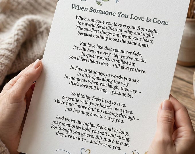 Sympathy Poem Print, Bereavement Gift, Memorial Keepsake, Textured Paper