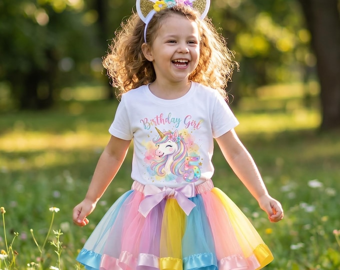 Personalised Unicorn Birthday Outfit | Unicorn T-Shirt, Tutu & Headband Set | Custom Name Age Birthday Outfit | Girls Birthday Gift