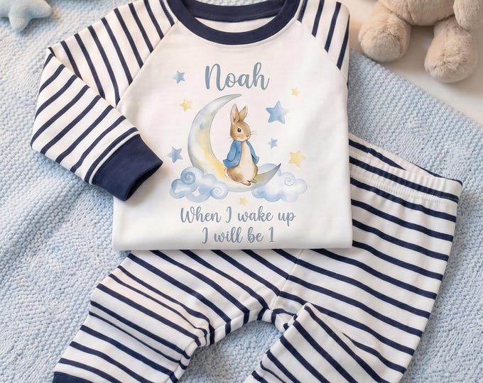 Personalised Rabbit Birthday Pyjamas | Boys Birthday Pyjamas | Custom Name & Age Kids PJs | Birthday Eve Pyjama Set