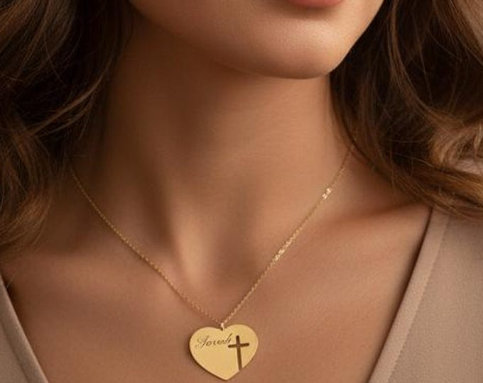 Personalized Heart Cross Necklace, Custom Engraved Stainless Steel Pendant