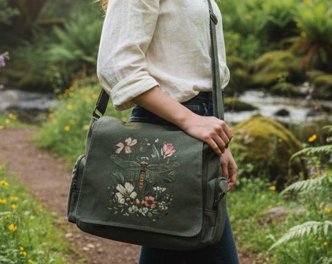 Boho Olive Green Dragonfly Tote Bag – Floral Print Carryall