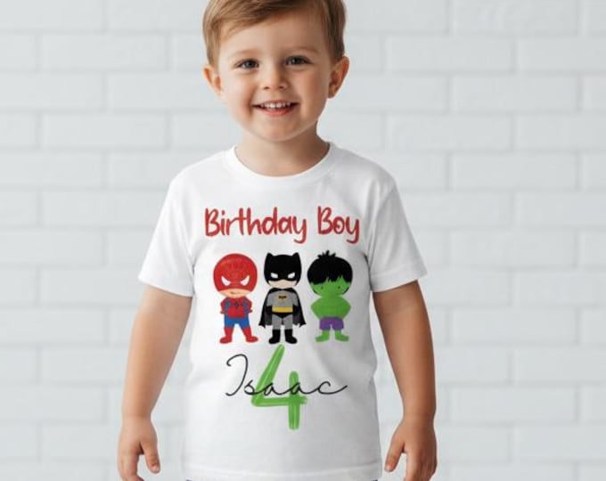 Superhero Birthday T Shirt for Boys | Custom Name & Age Birthday Top | Superhero Party Outfit | Boys Birthday Tee Personalised