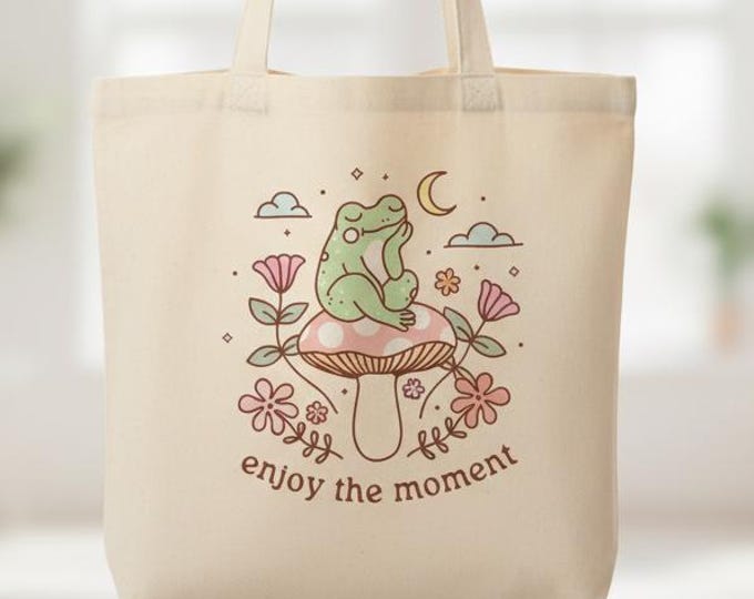 Frog Tote Bag | Whimsical Self-Care Design, Natural Canvas