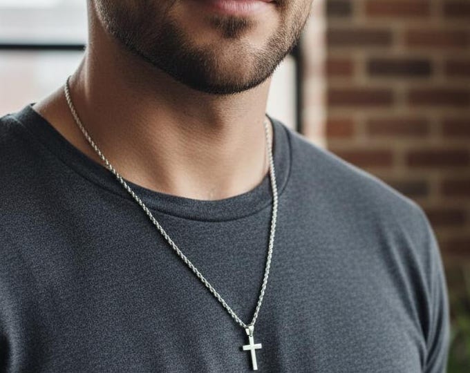 Polished Stainless Steel Cross Necklace, Unisex Rope Chain