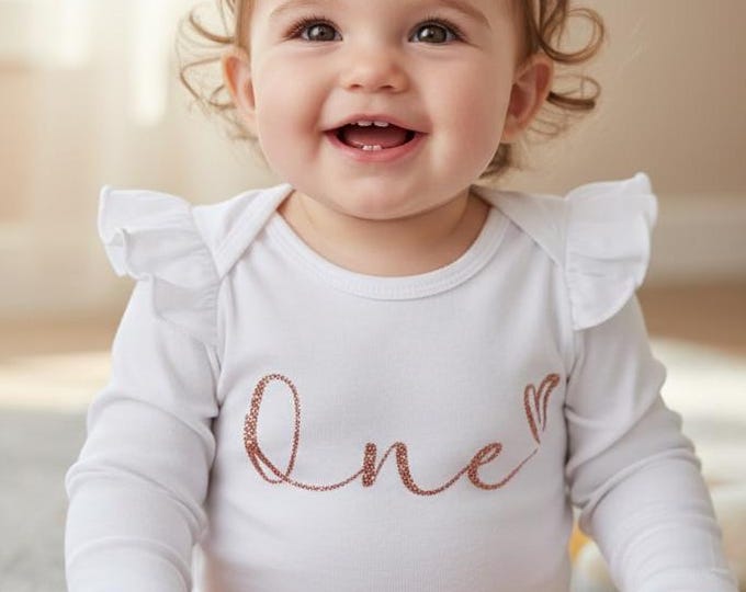 Rose Gold One Birthday Leotard | Baby Girl Flutter Sleeve Bodysuit | 1st Birthday Outfit | Rose Gold Cake Smash Outfit