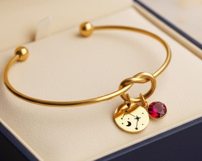 Personalized Zodiac Birthstone Bangle | Engraved Star Sign Jewelry
