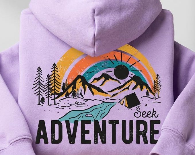 Seek Adventure Hoodie | Purple Adventure Hoodie | Back Print Hoodie | Outdoor & Travel Sweatshirt | Unisex Adults