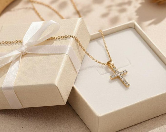 Gold Plated Cross Necklace | Dainty Christian Pendant, Gift Box