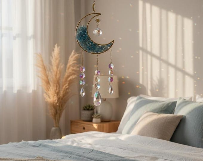 Crystal Moon Suncatcher | Healing Stone Rainbow Maker, Boho Decor