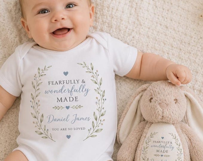 New baby gift Boys Personalised Fearfully and Wonderfully Made Bunny & Baby Grow Set | Christian Baby Gift | Faith Baby Shower Gift Keepsake