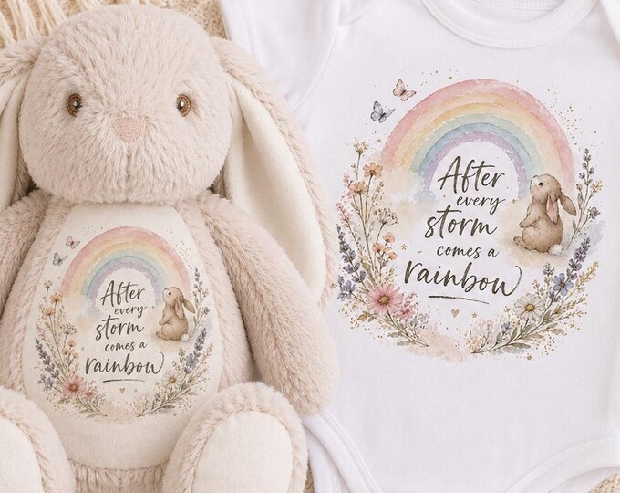 After Every Storm Comes a Rainbow Baby Gift Set | Personalised Bunny & Baby Grow | Rainbow Baby Gift | Christian Baby Keepsake
