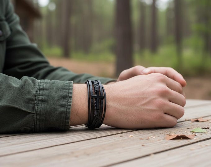 Men's Woven Cross Bracelet, Faux Leather Magnetic Clasp