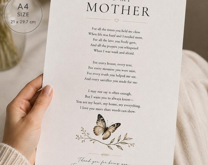 Custom Poem Print for Mum | Personalized Mother Poem | Butterfly Birthday Gift | Memorial Print | Meaningful Gift for Mother | Wall Art