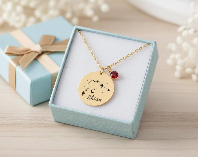 Personalized Zodiac Necklace with Birthstone | Engraved Star Sign Jewelry