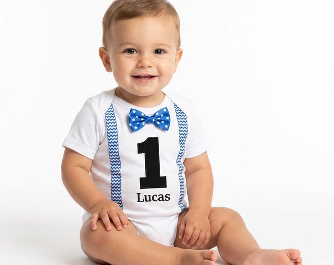 Personalised First Birthday Baby Vest | Baby Boy 1st Birthday Outfit | Custom Name Birthday Bodysuit with Bow Tie | 9-12 Months