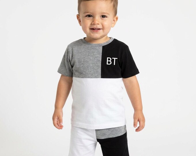 Personalised Boys T Shirt & Shorts Set | Kids Panel Short Set | Black Grey White Summer Outfit | Custom Initials Lounge Set