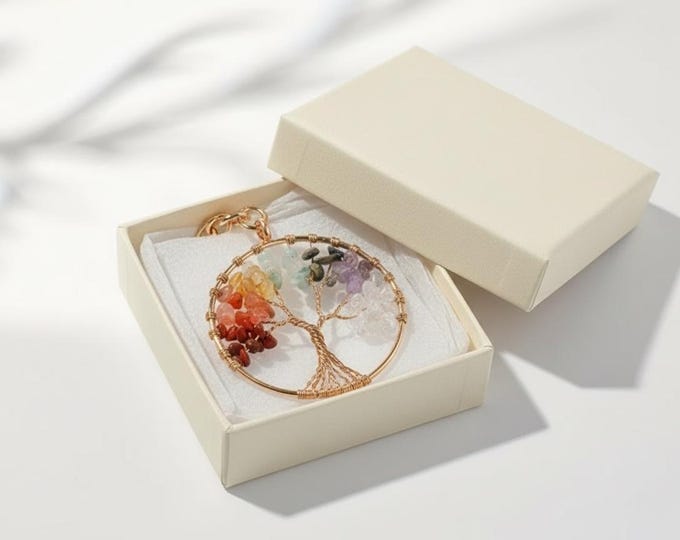 Tree of Life Keychain | Natural Stone Crystal Keyring, Boho Charm
