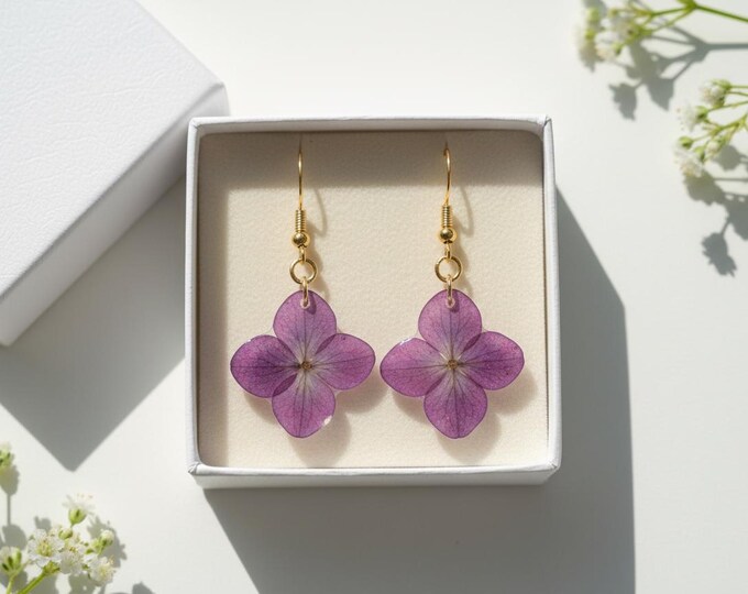 Handmade Purple Hydrangea Resin Earrings – Copper Hooks, Floral Dangle