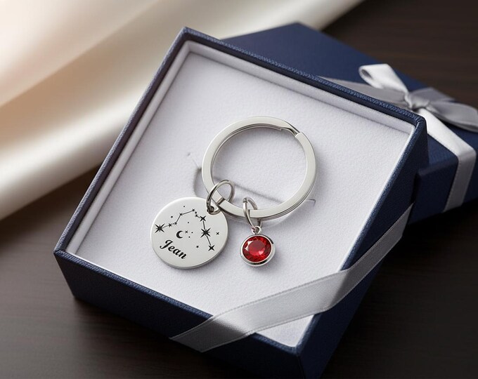 Personalized Zodiac Keychain | Engraved Name, Birthstone Star Sign