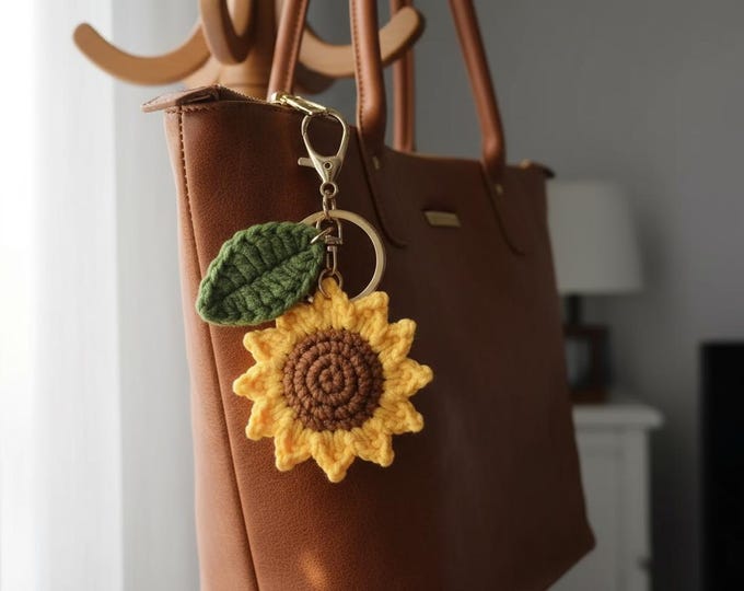Crochet Sunflower Keychain | Handmade Yarn Bag Charm