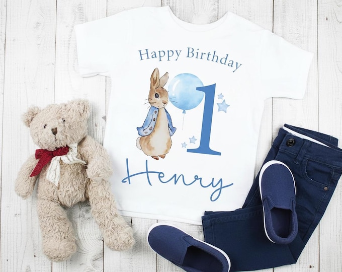 Personalised Peter Rabbit Birthday T Shirt Custom Name & Age Bunny Birthday Tee Peter Rabbit Party Outfit for Boys Girls