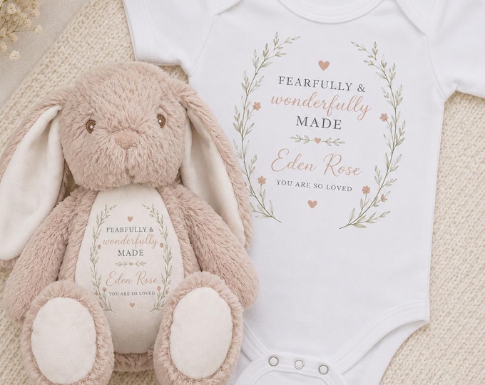 Personalised Fearfully and Wonderfully Made Bunny & Baby Grow Set | Christian Baby Gift | Faith Baby Shower Gift | Baptism Keepsake