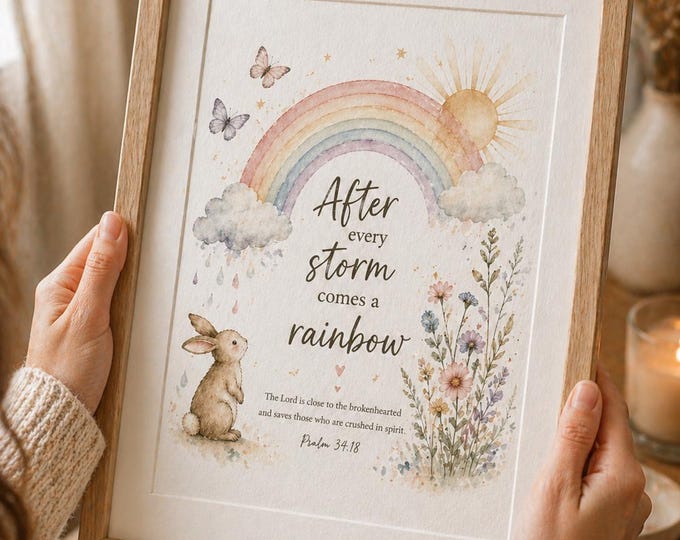 After Every Storm Comes a Rainbow Print | Christian Nursery Wall Art | Baby Gift | Rainbow Baby Print | Scripture Art | A4 A5 Print