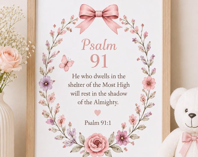 Psalm 91 Christian Nursery Print | Bible Verse Wall Art | Faith Inspired Nursery Decor | Digital Download or Printed Poster