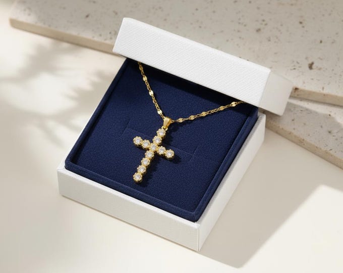 Gold Stainless Steel Cross Pendant Necklace with Diamond Accents