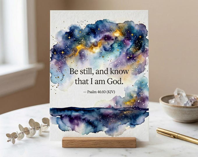 Psalm 46:10 Scripture Print, Christian Wall Art, Starry Universe (A5 or A4 Paper