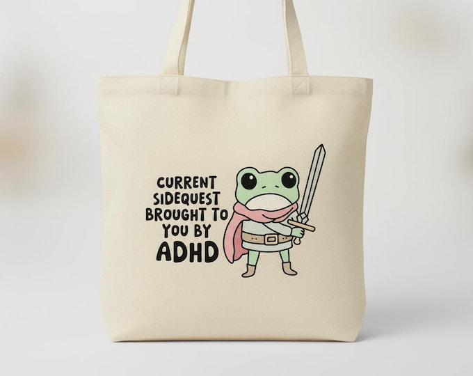 ADHD Side Quest Tote Bag | Funny Frog with Sword Graphic