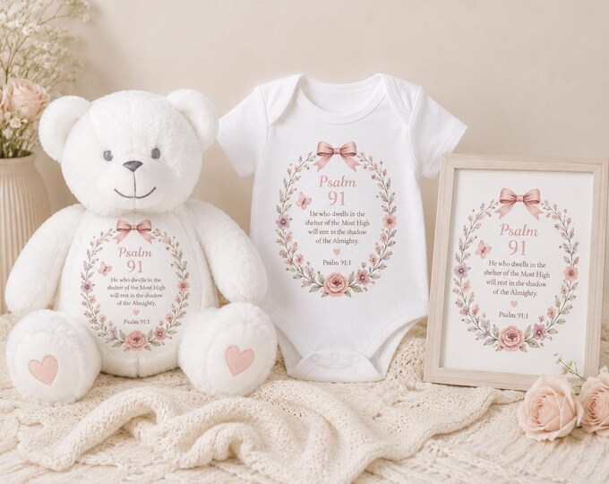 Psalm 91 Christian Baby Gift Set | Personalised Teddy, Baby Grow & Matching Print | Faith Inspired Nursery Decor | Baby Shower Gift